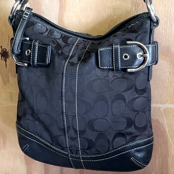 Coach Handbags - COACH BLACK Monogram Fabric with LEATHER  Trim SHOULDER BAG